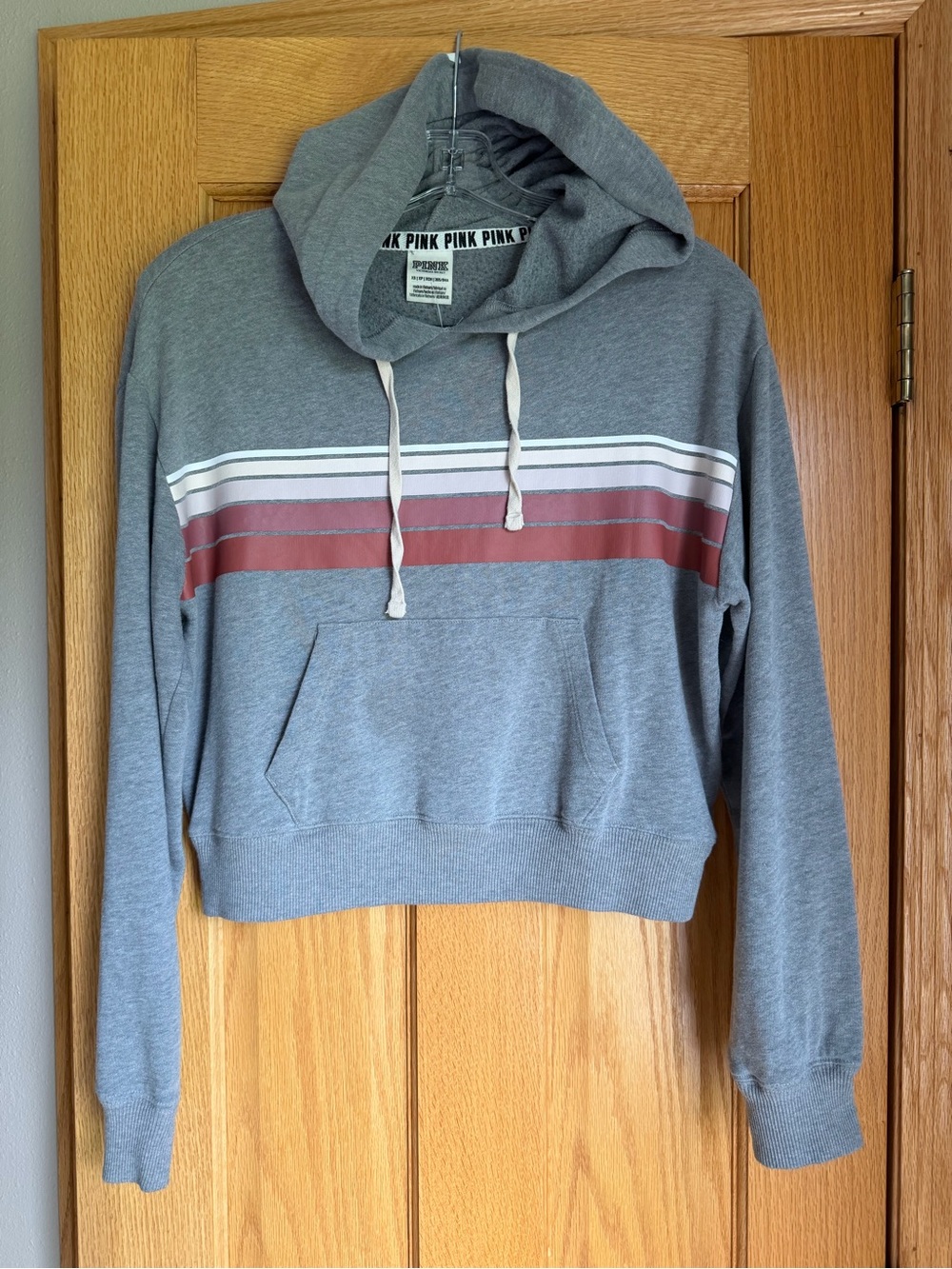 Victoria's Secret PINK Gray Striped Cropped Pullover Hoodie Sweatshirt XS